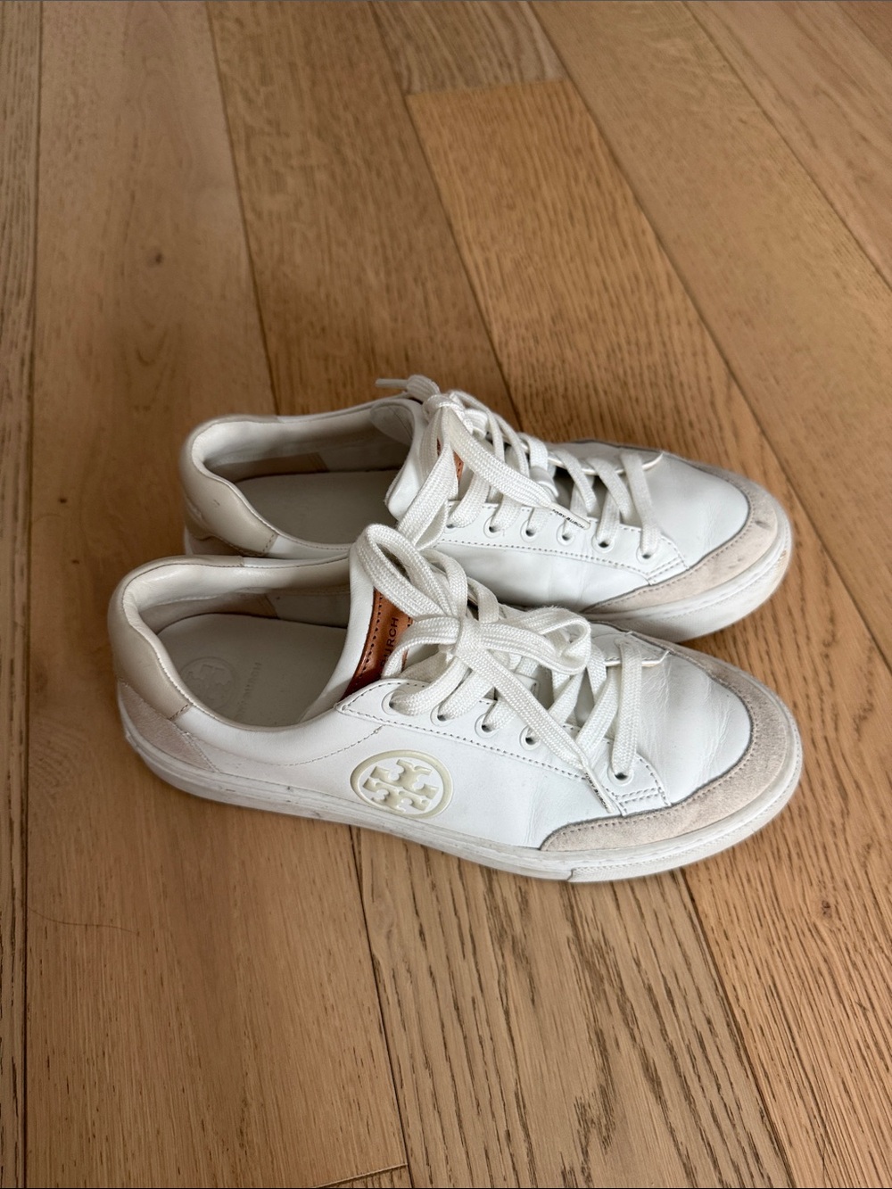Tory Burch White and Beige Leather Athletic Sneakers - Picture 2 of 4